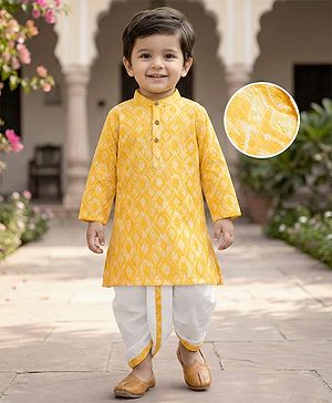 Babyhug Woven Full Sleeves Hakkoba Embroidered  Kurta Dhoti Set -Yellow