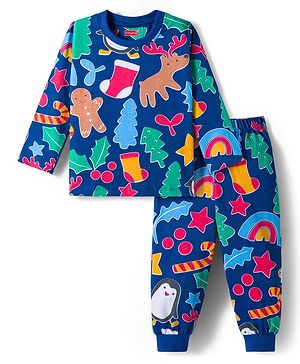 Babyhug Cotton Knit Full Sleeves Co-ords Night Suit With Star Print - Blue