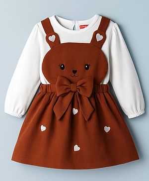 Babyhug Cotton Woven Frock & Full Sleeves Inner Tee With Animal & Heart Embroidery - Brown & White