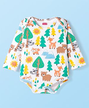 Babyhug 100% Cotton Knit Full Sleeves Onesie with Animal Print - White