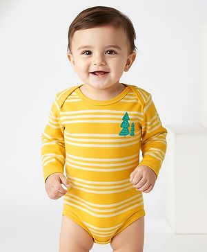 Babyhug 100% Cotton Interlock Knit Full Sleeves Onesie with Stripes & Tree Print - Yellow