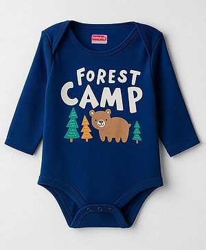 Babyhug 100% Cotton Interlock Knit Full Sleeves Onesie with Bear Print - Navy Blue
