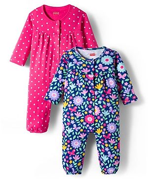 Babyhug 100% Cotton Knit Full Sleeves Floral & Polka Dot Printed Rompers Pack of 2 - Navy Blue & Pink