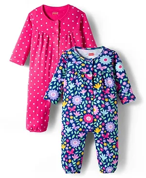 Babyhug 100% Cotton Knit Full Sleeves
                              Floral & Polka Dot Printed Rompers
                              Pack of 2 - Navy Blue & Pink