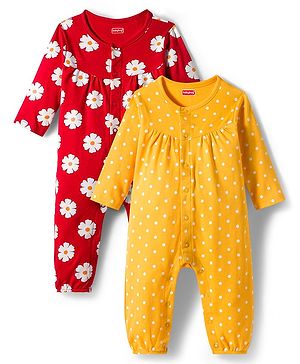 Babyhug 100% Cotton Interlock Knit Full Sleeves Rompers with Polka Dot & Floral Print Pack of 2 - Red & Yellow