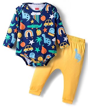 Babyhug 100% Cotton Knit Full Sleeves Printed Onesie With Leggings - Navy Blue & Yellow