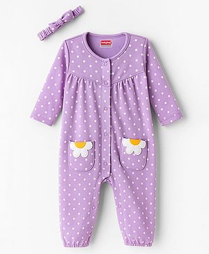 Babyhug 100% Cotton Interlock Knit Full Sleeves Front Open Romper with Hairband & Polka Dot & Floral Patch - Purple