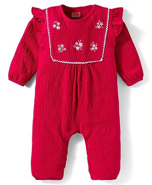 Babyhug Interlock Knit Full Sleeves Floral Embroidered Romper With Hairband & Booties - Red