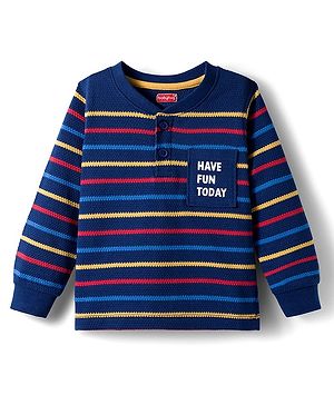 Babyhug Knit Full Sleeves Striped Henley Neck T-Shirt with Text Print - Navy Blue