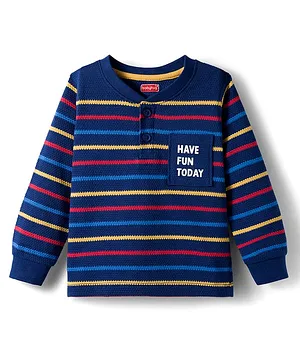 Babyhug Knit Full Sleeves Striped Henley Neck T-Shirt with Text Print - Navy Blue