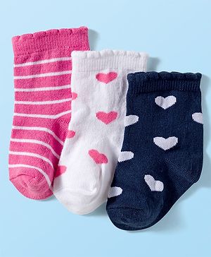 Cute Walk by Babyhug Ankle Length Antibacterial Socks With Stripes & Heart Design Pack Of 3 - Pink & White