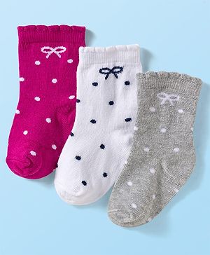 Cute Walk by Babyhug Ankle Length Antibacterial Socks With Stripes Pack Of 3 - Dark Pink & White