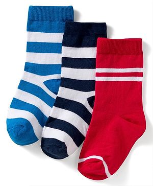 Cute Walk by Babyhug Knit Ankle Length Anti Bacterial Socks with Stripes Design Pack of 3 - Red White & Blue