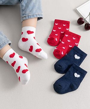 Cute Walk by Babyhug Knit Ankle Length Anti Bacterial Socks with Heart Design Pack of 3 - Red White & Navy Blue