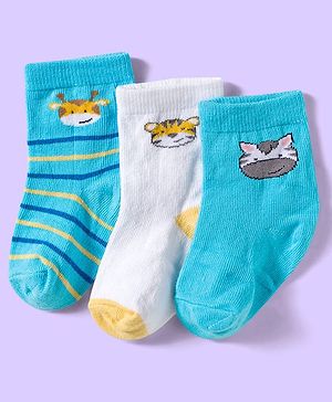Cute Walk by Babyhug Ankle Length Antibacterial Socks With Stripes & Cat Print Pack Of 3 - Light Blue & White