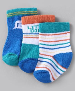 Cute Walk by Babyhug Knit Ankle Length Anti Bacterial Socks with Stripes Design Pack of 3 - White &  Blue