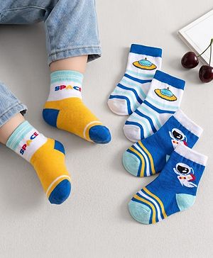 Cute Walk by Babyhug Knit Ankle Length Antibacterial Socks With Stripes & Space Print Pack Of 3 - Blue & Yellow