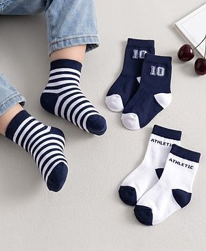 Cute Walk by Babyhug Knit Ankle Length Anti Bacterial Socks with Stripes Design Pack of 3 - White & Navy Blue
