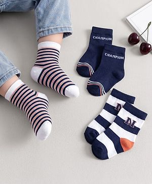 Cute Walk by Babyhug Knit Ankle Length Anti-Bacterical Socks With Stripes & Text Design Pack of 3 - Multicolor