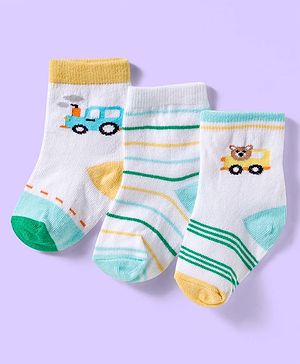 Cute Walk by Babyhug Ankle Length Antibacterial Socks With Stripes & Vehicle Print Pack Of 3 - Green & White