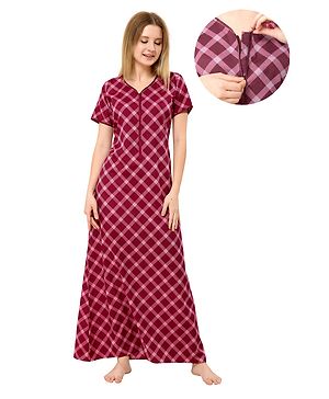 Piu Cotton Woven Half Sleeves Checked Maternity Nighty With Centre Front Nursing Access - Pink