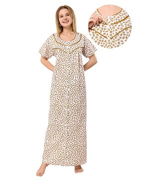 Piu Cotton Woven Half Sleeves Floral Printed Maternity Nighty With Centre Front Nursing Access - Yellow
