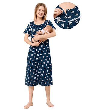 Piu Cotton Knit Half Sleeves Stars Printed Maternity Nighty With Front Open Nursing Access - Blue