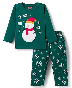 Babyhug Cotton Knit Full Sleeves Night Suit With Penguin Print - Green