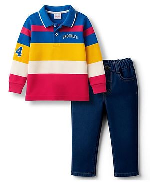 Babyhug Single Jersey Knit Striped Polo T-Shirt & Denim Jeans Set - Multicolor
