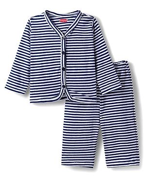 Babyhug Single Jersey Knit Full sleeves Front Open Co-Ord T-Shirt and Lounge Pant Set with Stripes - Navy Blue & White