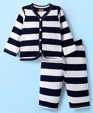 Babyhug Single Jersey Knit Full Sleeves Co-Ord Front Open T-Shirt & Joggers Set With Stripes - Black & White