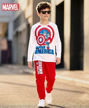 Pine Kids Marvel Single Jersey Knit Full Sleeves T-Shirt & Lounge Pant Set with Captain America Graphic - Red & White