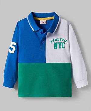 Babyhug 100% Cotton Knit Full Sleeves Cut & Sew Polo Collar T-Shirt with NYC Text Print - Blue White & Green