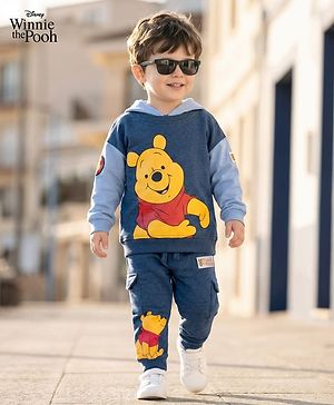 Babyhug Disney Terry Knit Full Sleeves Hooded Sweatshirt & Lounge Pant Set With Winnie The Pooh Graphics - Navy Blue