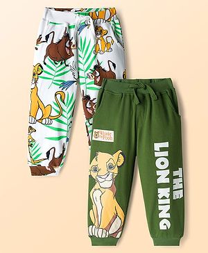 Babyhug Disney Terry Knit Track Pants with The Lion King Graphic Pack of 2 - White & Green