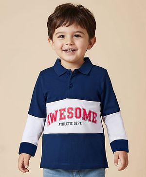 Babyhug 100% Cotton Knit Full Sleeves Cut & Sew Polo Collar T-Shirt with Awesome Text Print - Navy Blue & White