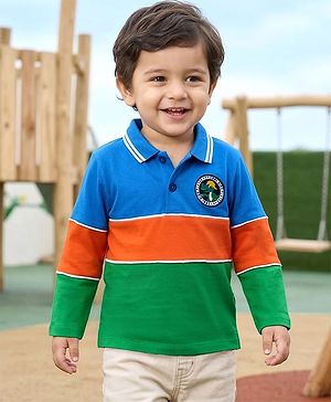 Babyhug 100% Cotton Knit Full Sleeves Cut & Sew Polo T-Shirt with Dino Badge - Green Orange & Blue