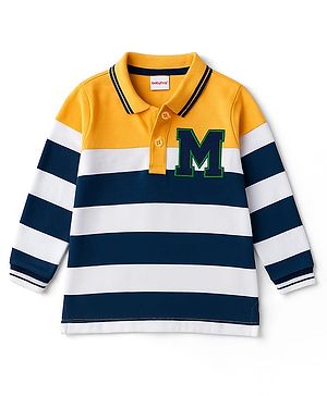 Babyhug 100% Cotton Knit Full Sleeves Polo Collar T-Shirt with Stripes & M Text Patch - Yellow & White
