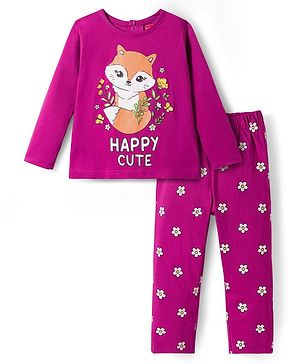 Babyhug Cotton Knit Full Sleeves Night Suit With Animal & Floral Print - Purple