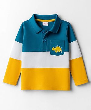 Babyhug 100% Cotton Knit Full Sleeves Color Block Polo T-Shirt with Dino Print at Pocket - Yellow Teal Blue & White
