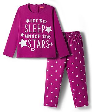 Babyhug Cotton Knit Full Sleeves Night Suit With Text Print - Pink