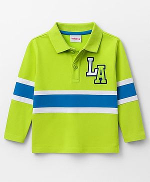 Babyhug 100% Cotton Knit Full Sleeves Polo T-Shirt with LA Text Print - Neon Green
