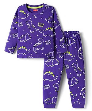 Babyhug Cotton Knit Full Sleeves Night Suit with Dino Print - Violet