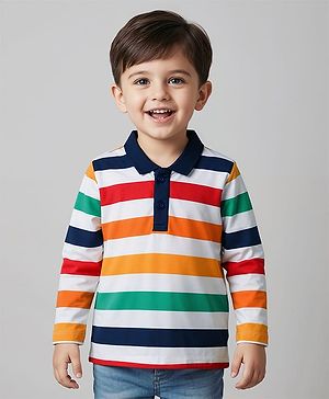 Babyhug 100% Cotton Knit Full Sleeves Polo Collar T-Shirt with Stripes - White & Multicolor