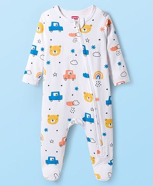 Babyhug Cotton Knit Full Sleeves Footed Sleepsuit With Vehicle Print - White