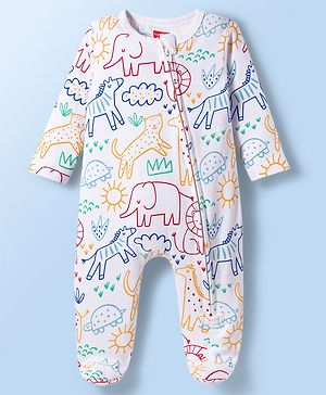 Babyhug Cotton Knit Full Sleeves Footed Sleepsuit With Animal Print - White