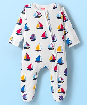 Babyhug Cotton Knit Full Sleeves Footed Sleepsuit With Nautical Theme Print - White