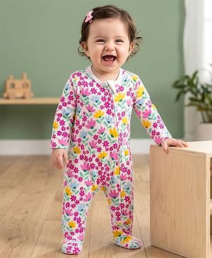 Babyhug Cotton Knit Full Sleeves Footed Sleepsuit With Floral Print - White & Pink