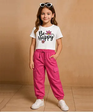 Trampoline Cotton Blend Knit Half
                              Sleeves Be Happy Text Printed Crop Top
                              & Cargo Jogger Set - White & Pink