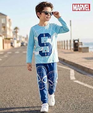 Pine Kids Marvel Single Jersey Knit Full Sleeves T-Shirt & Joggers Set with Spider Man Graphic - Blue